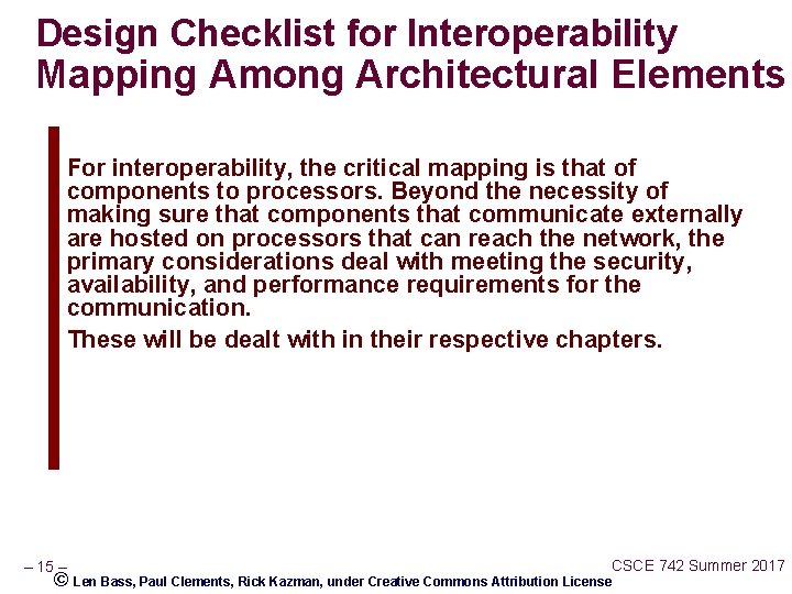 Design Checklist for Interoperability Mapping Among Architectural Elements For interoperability, the critical mapping is