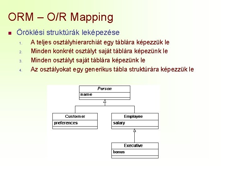 ORM – O/R Mapping n Öröklési struktúrák leképezése 1. 2. 3. 4. A teljes