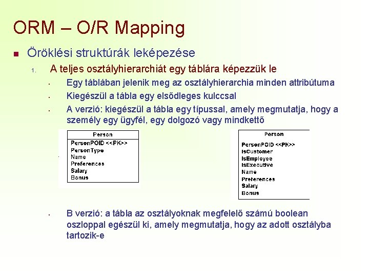 ORM – O/R Mapping n Öröklési struktúrák leképezése A teljes osztályhierarchiát egy táblára képezzük