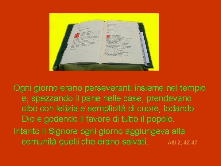 Ogni giorno erano perseveranti insieme nel tempio e, spezzando il pane nelle case, prendevano