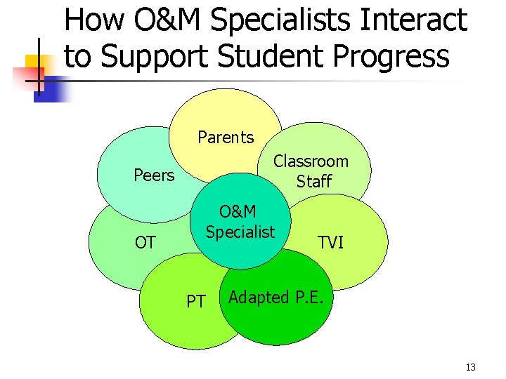 How O&M Specialists Interact to Support Student Progress • Parents O&M specialist interact with
