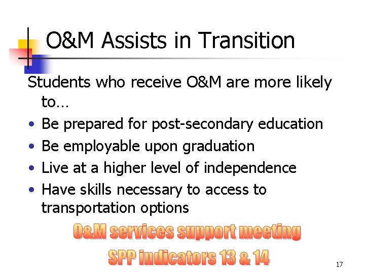 O&M Assists in Transition Students who receive O&M are more likely to… • Be
