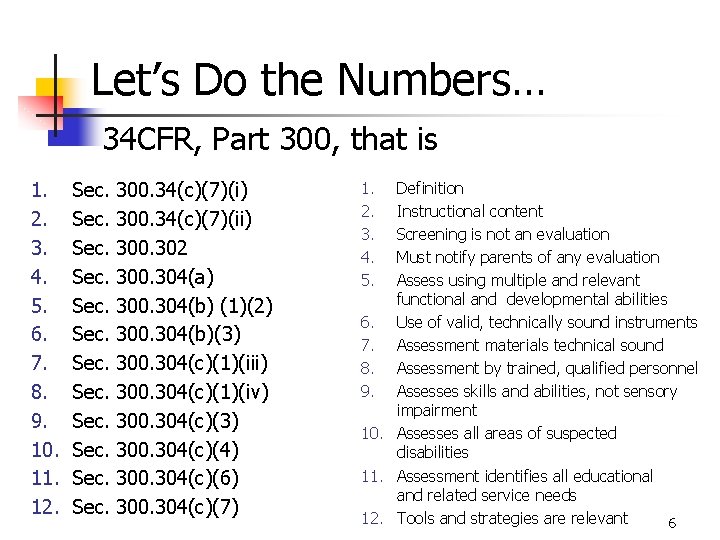 Let’s Do the Numbers… 34 CFR, Part 300, that is 1. 2. 3. 4.