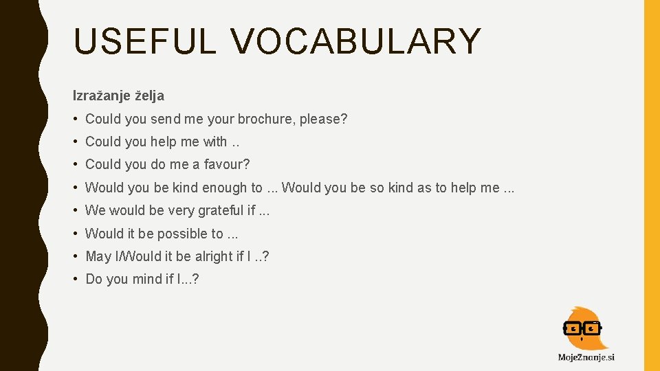 USEFUL VOCABULARY Izražanje želja • Could you send me your brochure, please? • Could