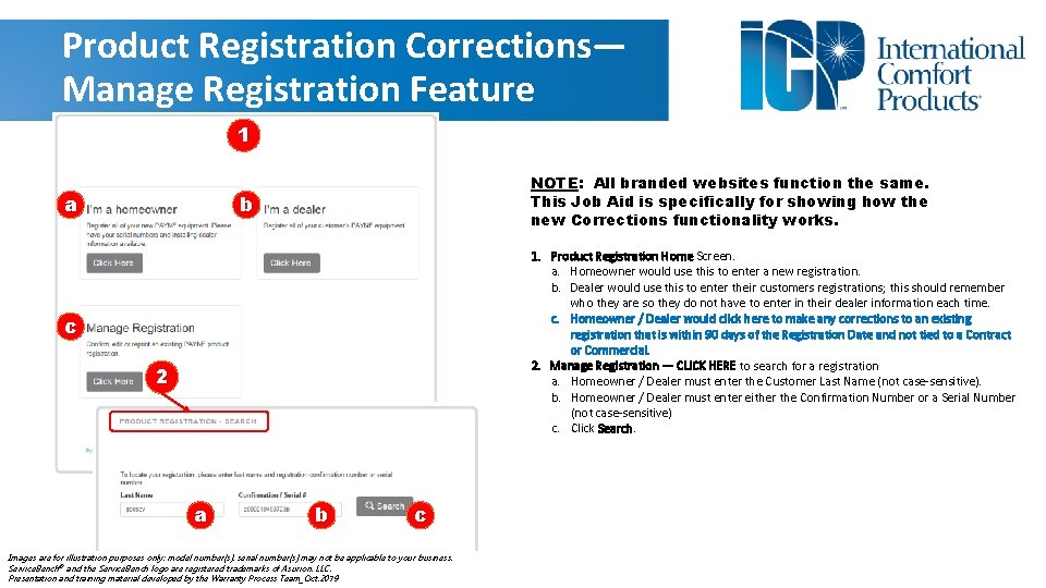 Product Registration Corrections— Manage Registration Feature 1 a NOTE: All branded websites function the