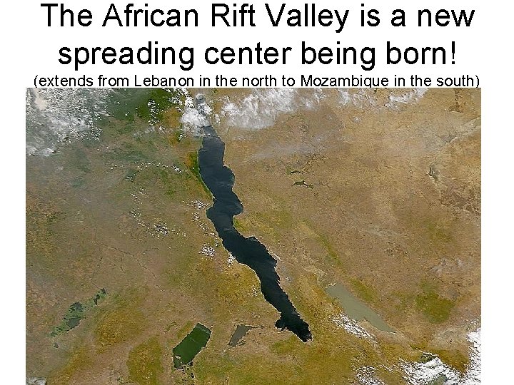 The African Rift Valley is a new spreading center being born! (extends from Lebanon