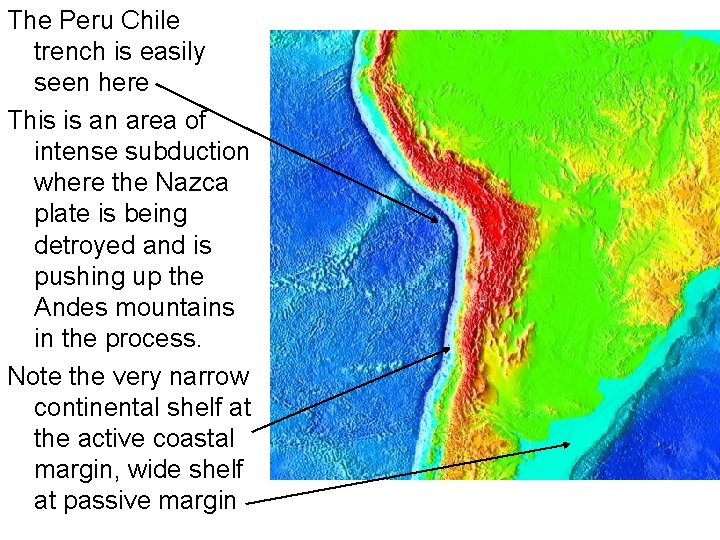 The Peru Chile trench is easily seen here This is an area of intense