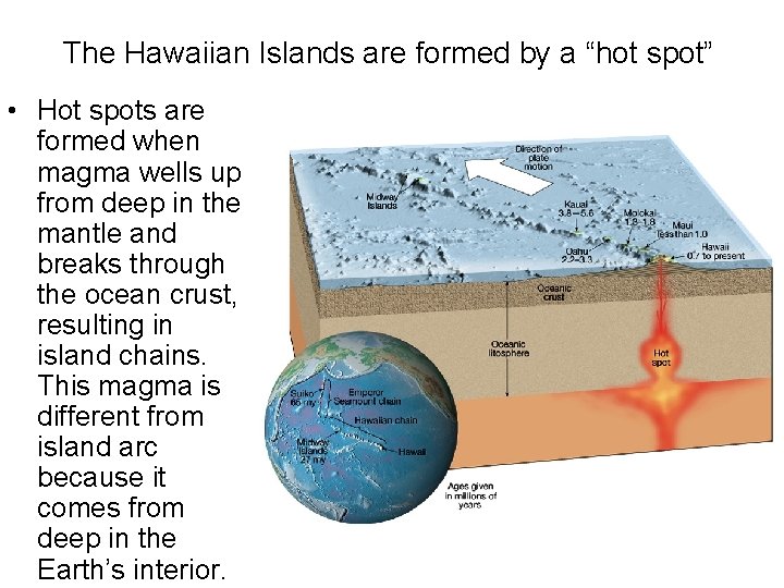 The Hawaiian Islands are formed by a “hot spot” • Hot spots are formed