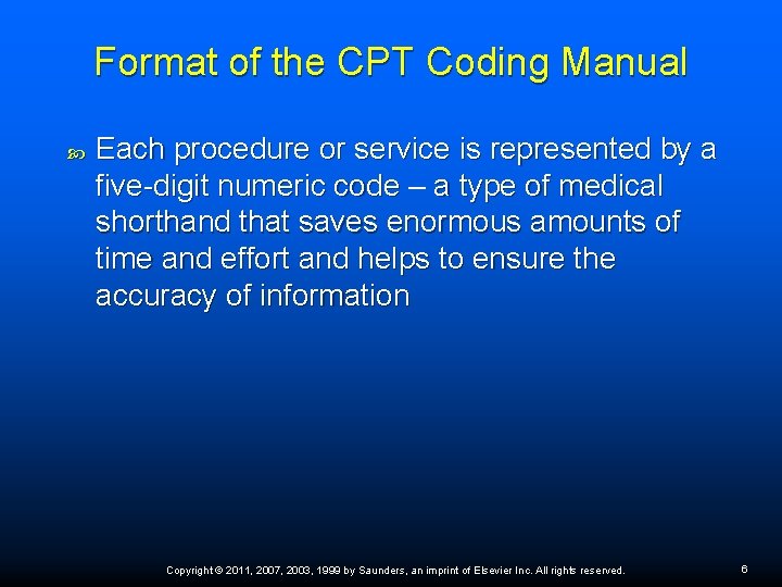Format of the CPT Coding Manual Each procedure or service is represented by a Format of the CPT Coding Manual Each procedure or service is represented by a