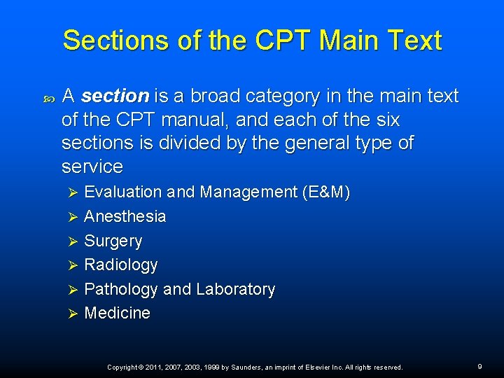Sections of the CPT Main Text A section is a broad category in the Sections of the CPT Main Text A section is a broad category in the