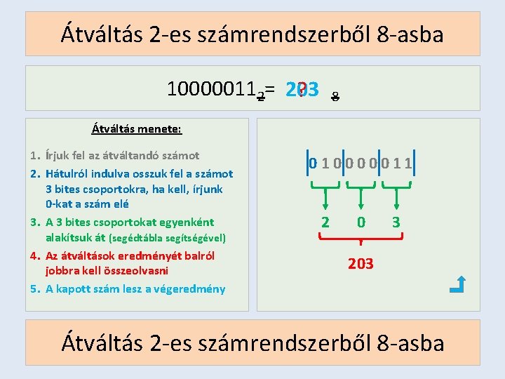 Átváltás 2 -es számrendszerből 8 -asba 100000112= 203 ? 8 Átváltás menete: 1. Írjuk