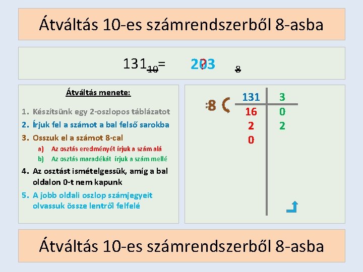 Átváltás 10 -es számrendszerből 8 -asba 13110= Átváltás menete: 1. Készítsünk egy 2 -oszlopos