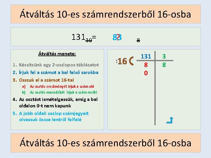 Átváltás 10 -es számrendszerből 16 -osba 13110= Átváltás menete: 1. Készítsünk egy 2 -oszlopos