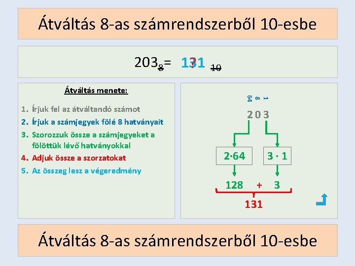 Átváltás 8 -as számrendszerből 10 -esbe 2038= 131 ? 10 1. Írjuk fel az