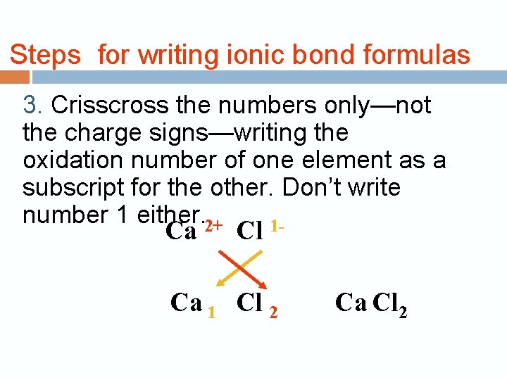  Steps for writing ionic bond formulas 3. Crisscross the numbers only—not the charge