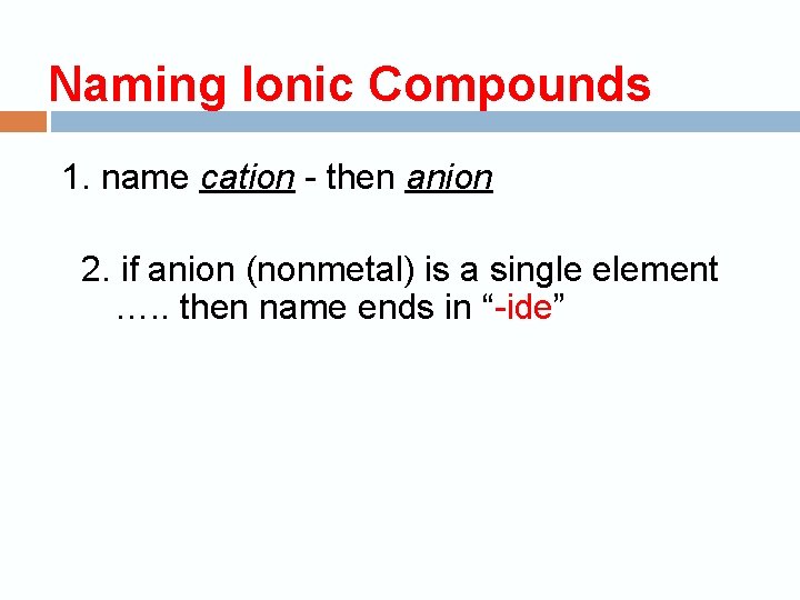 Naming Ionic Compounds 1. name cation - then anion 2. if anion (nonmetal) is