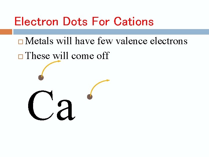 Electron Dots For Cations Metals will have few valence electrons These will come off