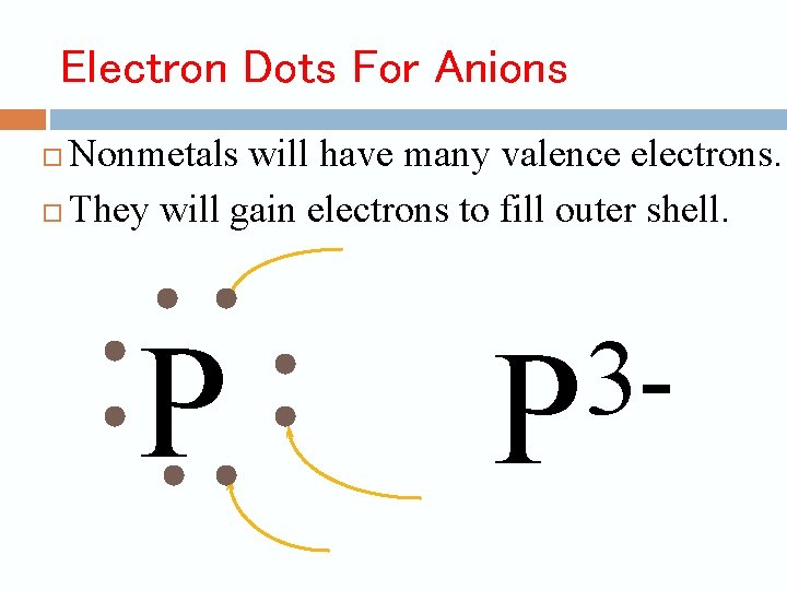 Electron Dots For Anions Nonmetals will have many valence electrons. They will gain electrons