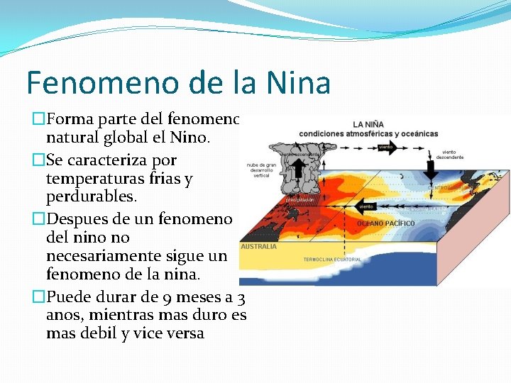 Fenomeno de la Nina �Forma parte del fenomeno natural global el Nino. �Se caracteriza