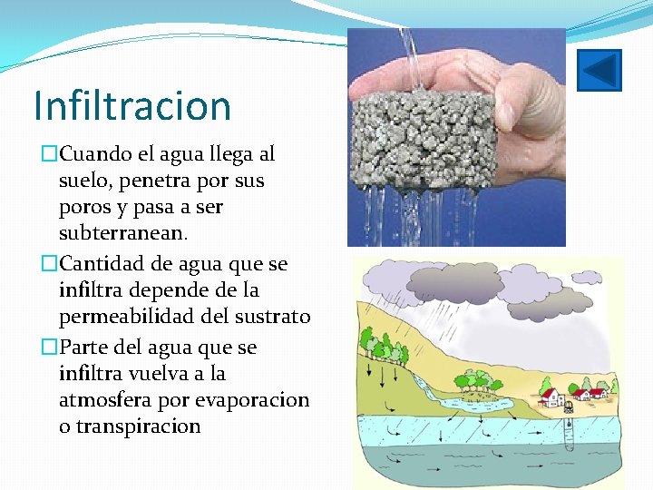 Infiltracion �Cuando el agua llega al suelo, penetra por sus poros y pasa a