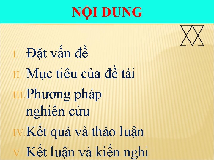 NỘI DUNG Đặt vấn đề II. Mục tiêu của đề tài III. Phương pháp