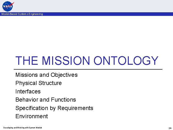 Model-Based Systems Engineering THE MISSION ONTOLOGY Missions and Objectives Physical Structure Interfaces Behavior and