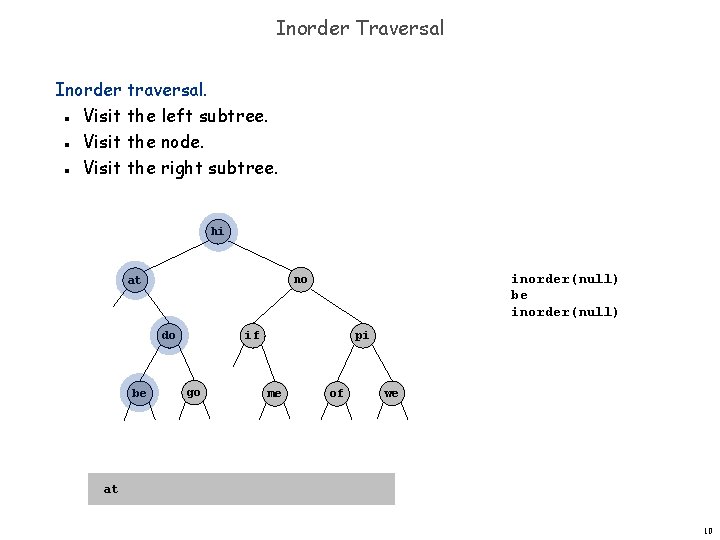 Inorder Traversal Inorder traversal. Visit the left subtree. Visit the node. Visit the right