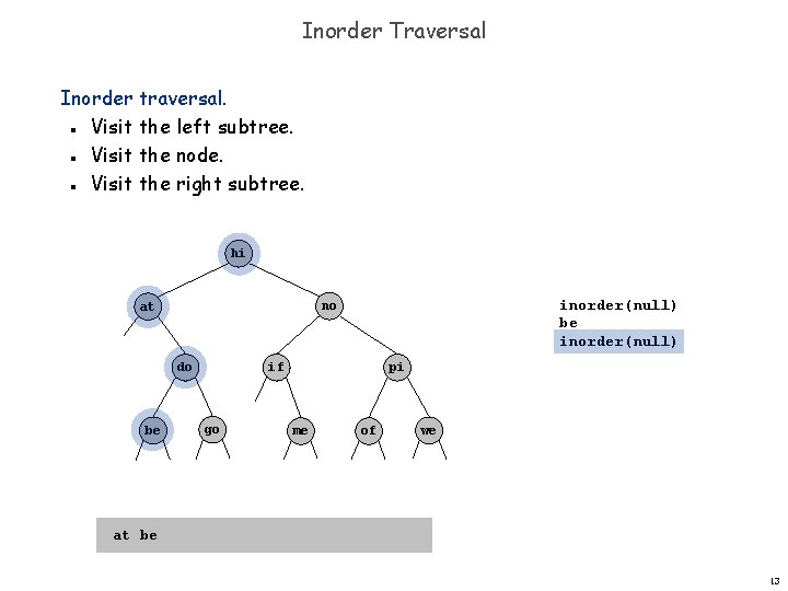 Inorder Traversal Inorder traversal. Visit the left subtree. Visit the node. Visit the right