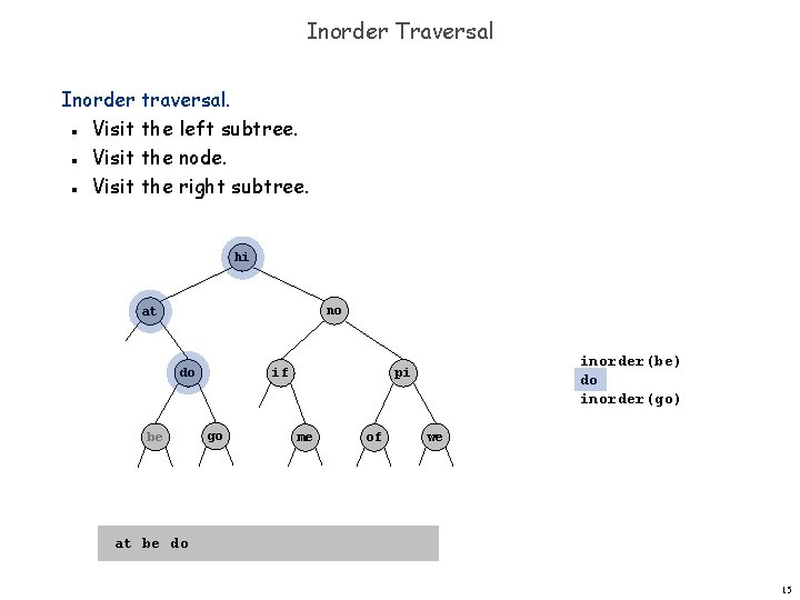 Inorder Traversal Inorder traversal. Visit the left subtree. Visit the node. Visit the right