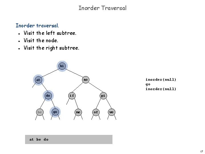 Inorder Traversal Inorder traversal. Visit the left subtree. Visit the node. Visit the right