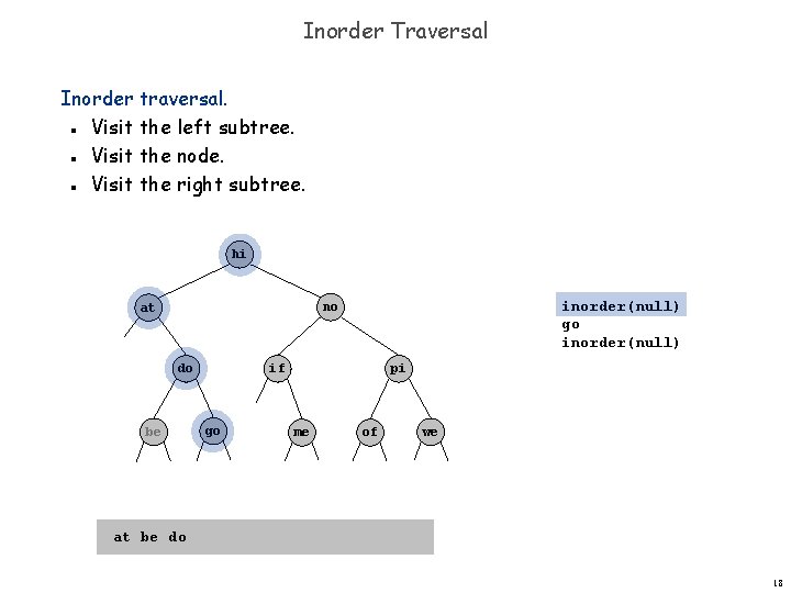 Inorder Traversal Inorder traversal. Visit the left subtree. Visit the node. Visit the right