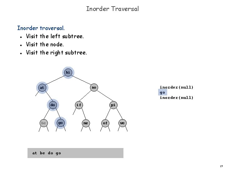 Inorder Traversal Inorder traversal. Visit the left subtree. Visit the node. Visit the right
