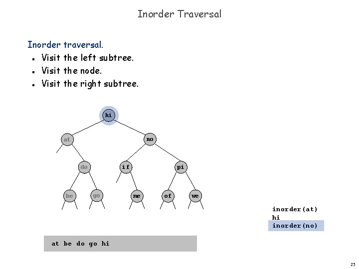 Inorder Traversal Inorder traversal. Visit the left subtree. Visit the node. Visit the right