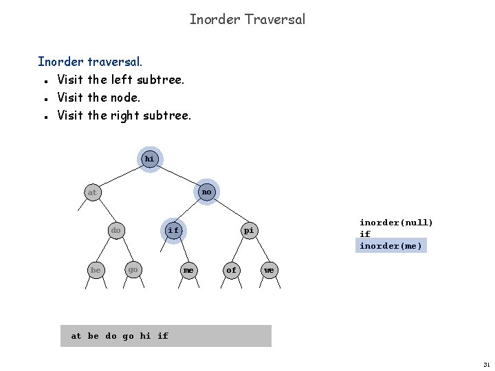 Inorder Traversal Inorder traversal. Visit the left subtree. Visit the node. Visit the right