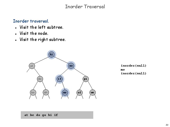 Inorder Traversal Inorder traversal. Visit the left subtree. Visit the node. Visit the right