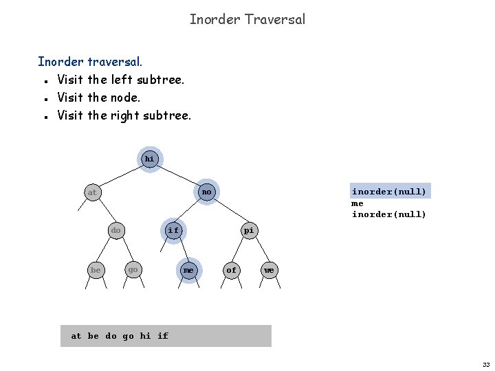 Inorder Traversal Inorder traversal. Visit the left subtree. Visit the node. Visit the right