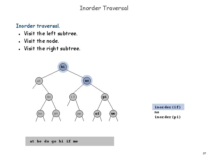 Inorder Traversal Inorder traversal. Visit the left subtree. Visit the node. Visit the right