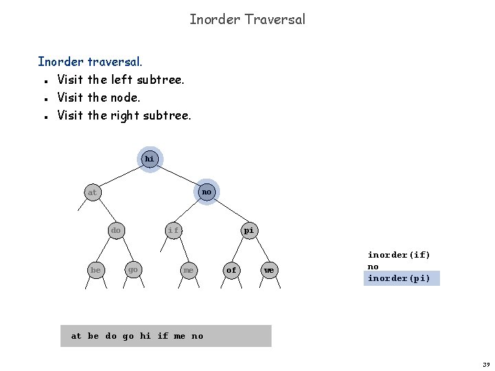 Inorder Traversal Inorder traversal. Visit the left subtree. Visit the node. Visit the right