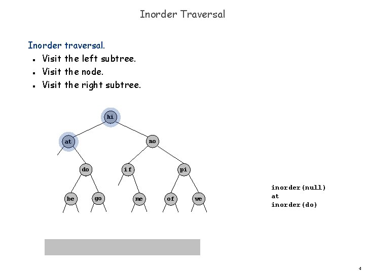 Inorder Traversal Inorder traversal. Visit the left subtree. Visit the node. Visit the right