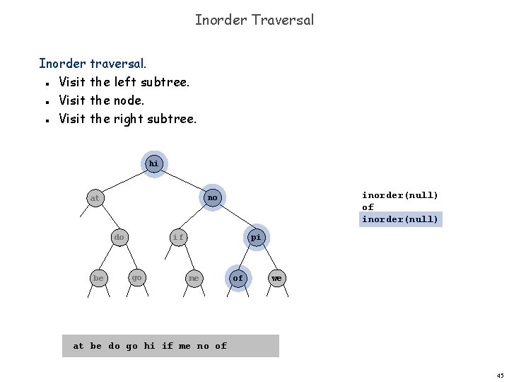 Inorder Traversal Inorder traversal. Visit the left subtree. Visit the node. Visit the right