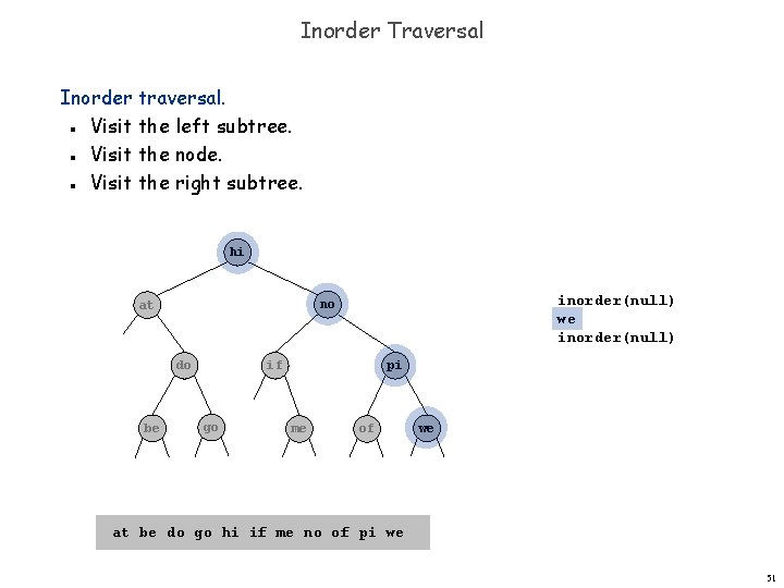 Inorder Traversal Inorder traversal. Visit the left subtree. Visit the node. Visit the right