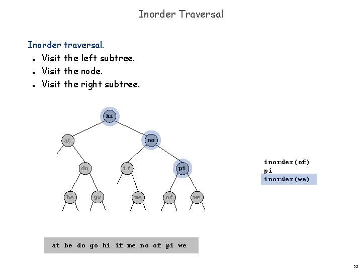 Inorder Traversal Inorder traversal. Visit the left subtree. Visit the node. Visit the right