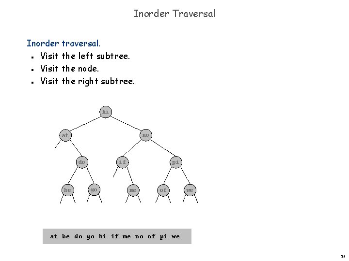 Inorder Traversal Inorder traversal. Visit the left subtree. Visit the node. Visit the right