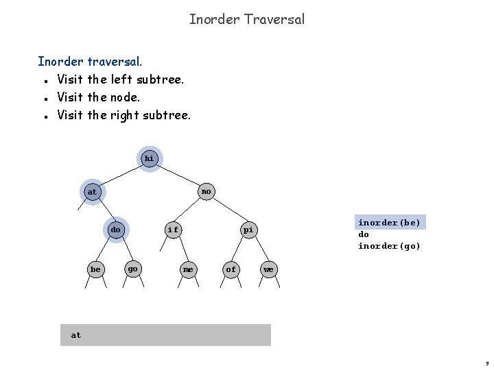 Inorder Traversal Inorder traversal. Visit the left subtree. Visit the node. Visit the right