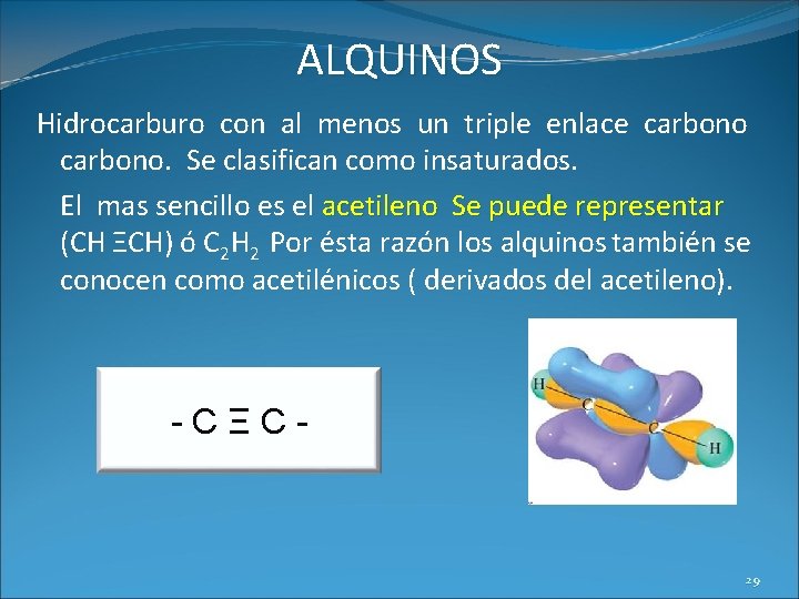 ALQUINOS Hidrocarburo con al menos un triple enlace carbono. Se clasifican como insaturados. El