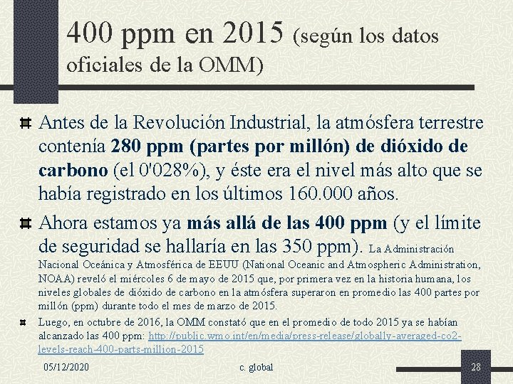 400 ppm en 2015 (según los datos oficiales de la OMM) Antes de la