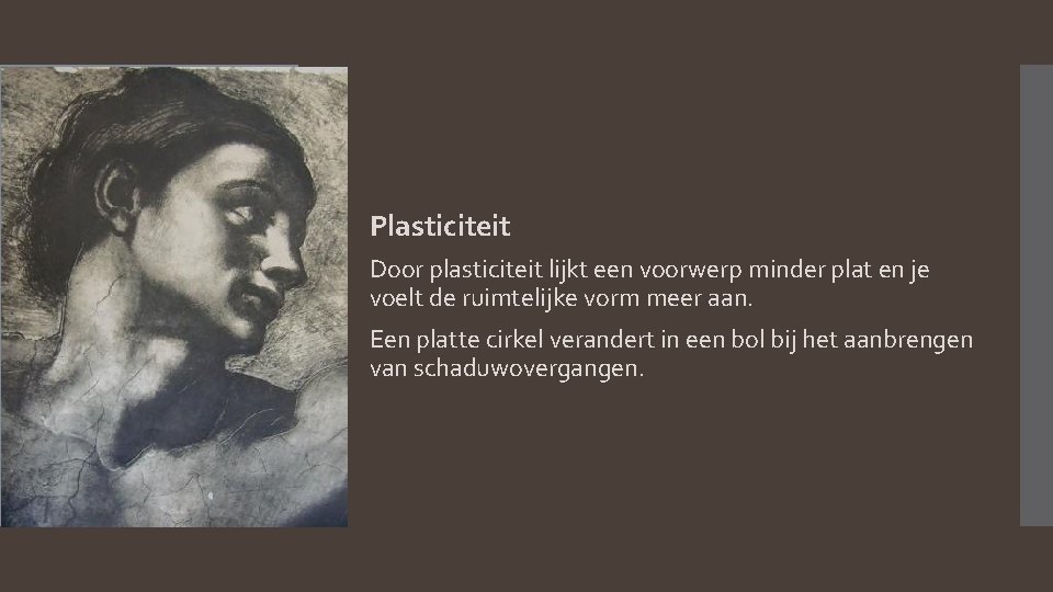Plasticiteit Door plasticiteit lijkt een voorwerp minder plat en je voelt de ruimtelijke vorm