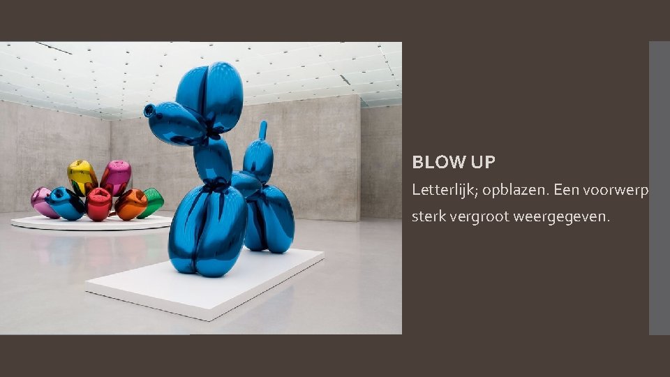 BLOW UP Letterlijk; opblazen. Een voorwerp sterk vergroot weergegeven. 