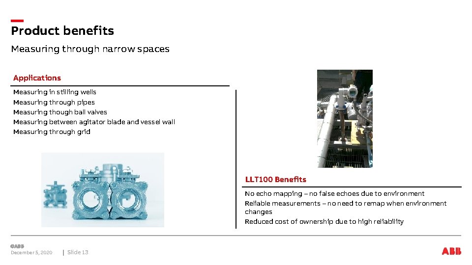 Product benefits Measuring through narrow spaces Applications Measuring in stilling wells Measuring through pipes