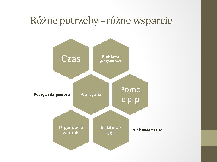 Różne potrzeby –różne wsparcie Czas Podręczniki , pomoce Podstawa programowa Wymagania Organizacja warunki Pomo